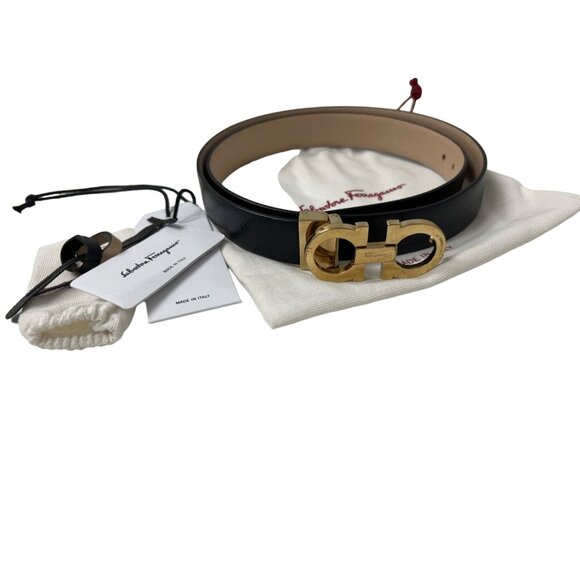 Salvatore Ferragamo Gancini-Buckle Reversible Belt Black & Macadamia Gold Buckle - Picture 3 of 7
